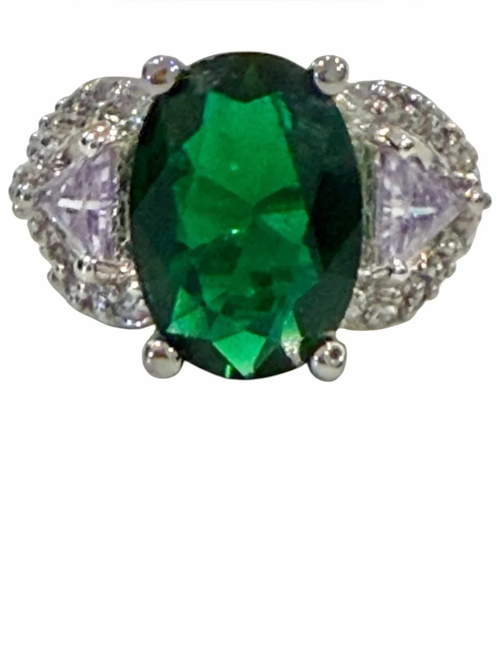 Sterling Silver Emerald & Tanzanite Three- Stone Cocktail Ring (Size 6.5)